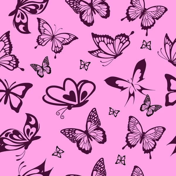 Patrón Sin Costuras Mariposas Lila Púrpura Sobre Fondo Rosa Precioso — Vector de stock