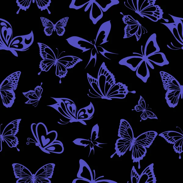 Patrón Sin Costuras Contorno Mariposas Azules Sobre Fondo Negro Para — Vector de stock