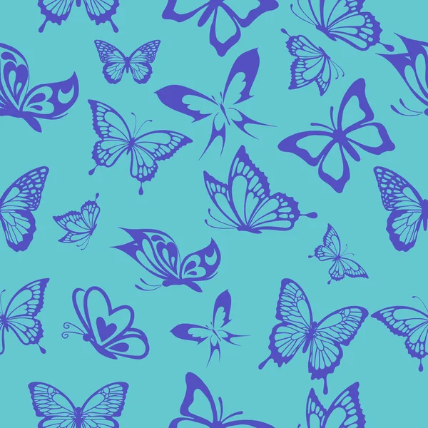 Patrón Sin Costuras Contorno Mariposas Azules Sobre Fondo Azul Conjunto — Vector de stock