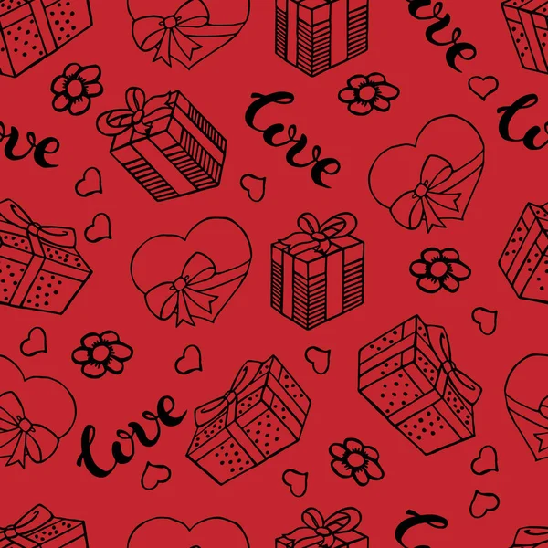 赤い背景にシームレスなパターン バレンタインデーの贈り物 — ストックベクタ