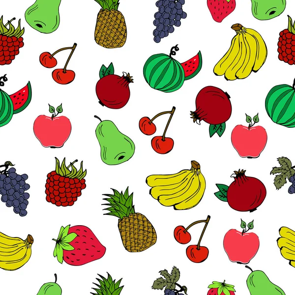 Nahtloses Muster Von Früchten Ananas Trauben Äpfeln Birnen Himbeeren Erdbeeren — Stockvektor