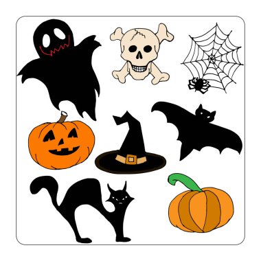 Desen, illüstrasyon çok renkli cadılar bayramı, balkabağı, kemikli kafatası, hayalet, kedi, yarasa, örümcek gri arka planda.