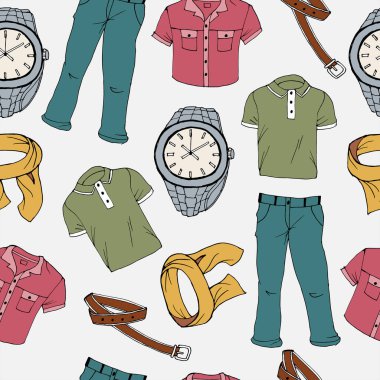 Kusursuz desen, illüstrasyon, çok renkli erkek kıyafetleri ve ayakkabıları, pantolon, gömlek, polo, saat, atkı, kemer.