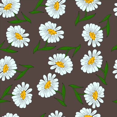 Kusursuz desen, koyu arkaplanda narin beyaz papatyalar, tekstil tasarımları, duvar kağıtları.