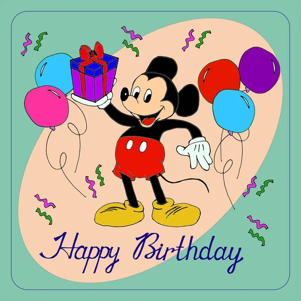 Ilustración Postal Ratón Mickey Con Regalo Felicita Feliz Cumpleaños Sobre — Vector de stock