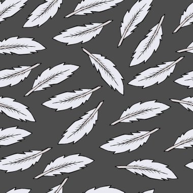 Vektör çizimi, kusursuz desen, gri arka planda narin kar beyazı kuş tüyleri.