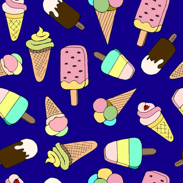 Векторная Иллюстрация Бесшовный Узор Сладкое Мороженое Различных Видов Синем Фоне — стоковый вектор