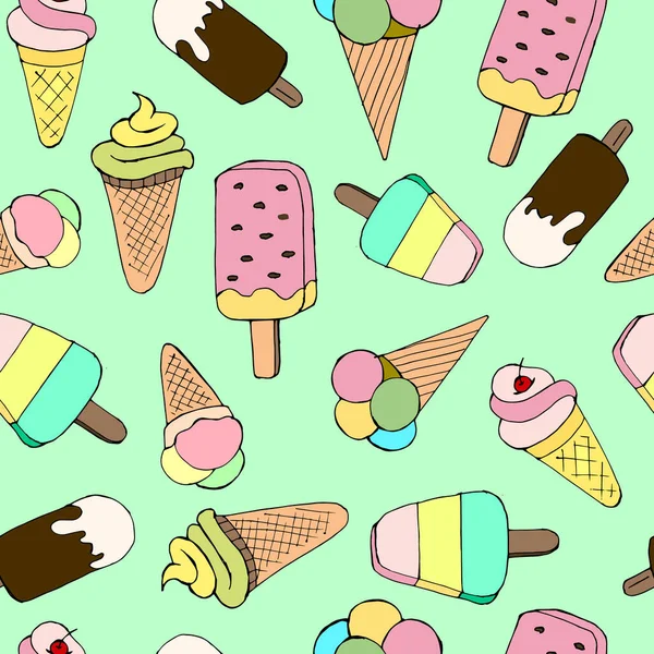 Ilustración Vectorial Patrón Sin Costuras Helado Dulce Varios Tipos Sobre — Vector de stock