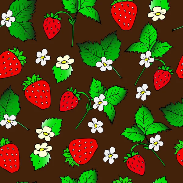 Patrón Sin Costuras Ilustración Vectorial Fresas Con Hojas Flores Sobre — Vector de stock