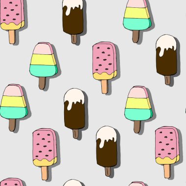 Vektör illüstrasyonu, kusursuz desen, arka planda çeşitli şekillerde tatlı dondurma, kağıt ve tekstil için harika tasarım.