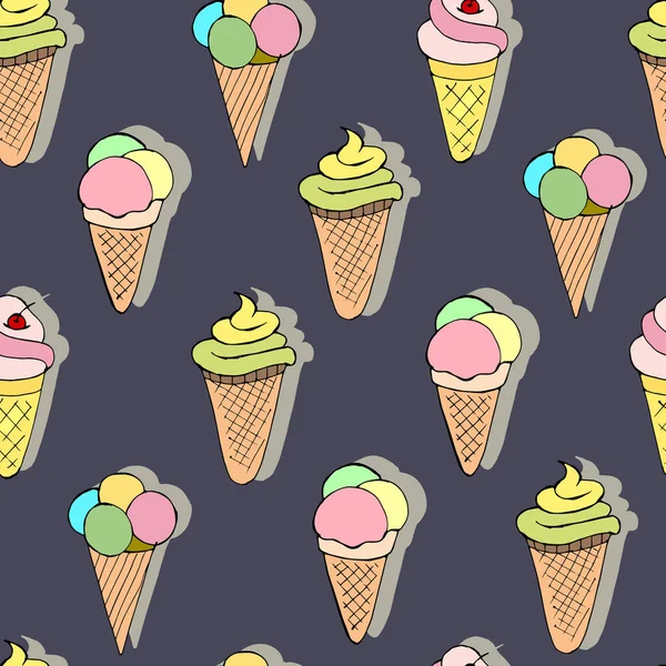 Ilustración Vectorial Patrón Sin Costuras Helado Dulce Varios Tipos Sobre — Vector de stock