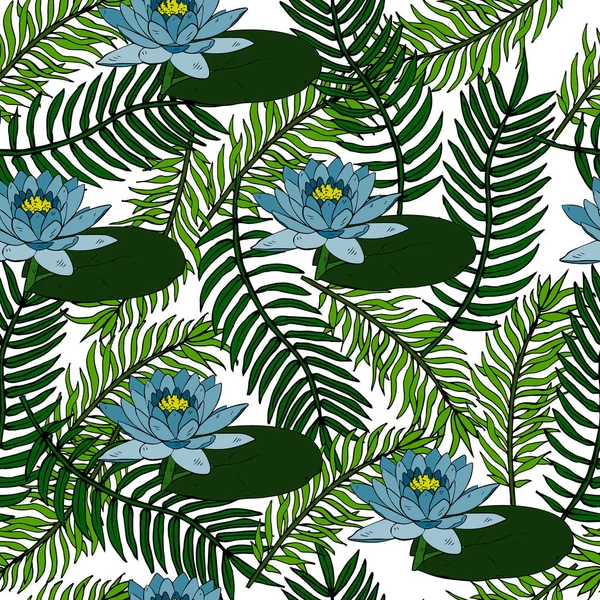 Illustration Vectorielle Motif Sans Couture Nénuphars Bleus Feuilles Tropicales Sur — Image vectorielle