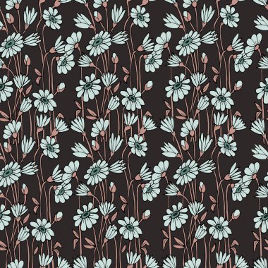 Vektör çizimi, pürüzsüz desen, koyu arkaplanda soluk mavi papatyalar, tekstil ve kağıt için.