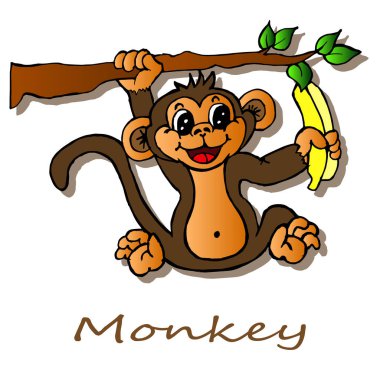 İllüstrasyon, kartpostal, logo, Afrika temalı poster, ağaçta asılı muzlu mutlu maymun, kağıt tasarımı.