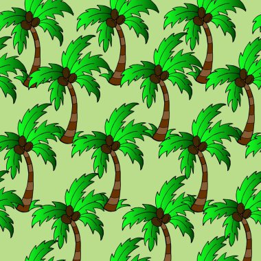 Kusursuz desen, Afrika temasının çizimi, açık yeşil arka planda hindistan cevizi olan palmiye ağaçları, tekstil ve kağıt için tasarım