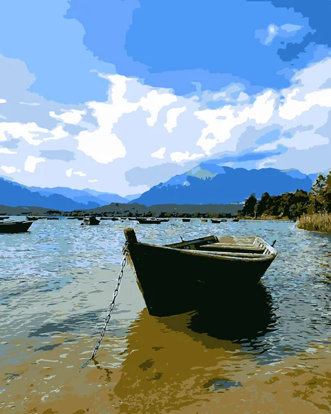 Векторная Иллюстрация Деревянная Лодка Озере Фоне Облачного Неба Пейзаж — стоковый вектор