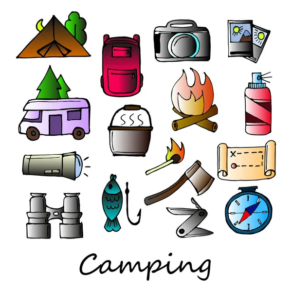 Illust Conjunto Ícones Coloridos Sobre Tema Camping — Vetor de Stock