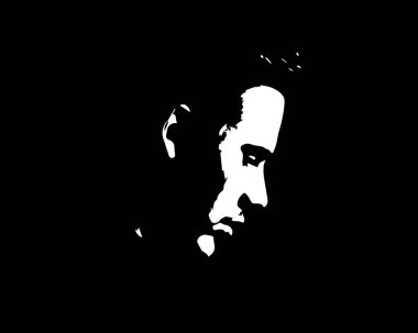 Vektör çizimi, genç adamın üzgün yüzü, güzellik endüstrisi için siyah beyaz logo.