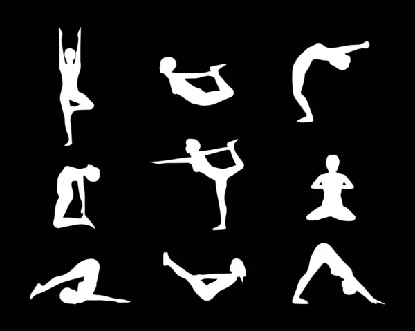 矢量图解 各种瑜伽姿势 体育产业 黑白背景 — 图库矢量图片