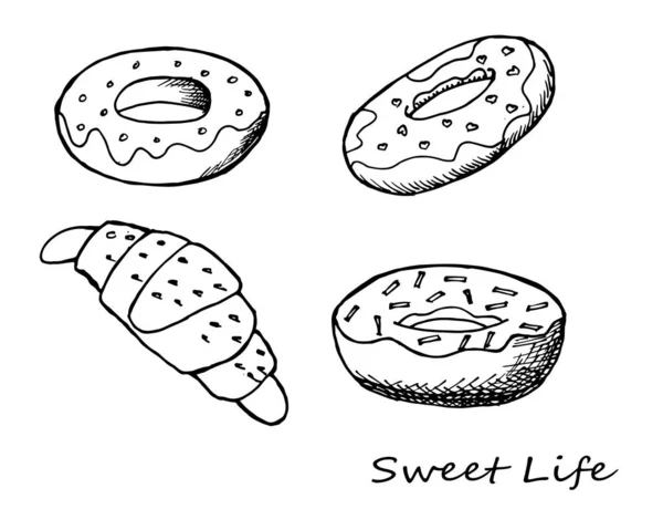 Иллюстрация Открытка Нарисованный Контур Вкусных Пончиков Круассанов Пищевой Промышленности — стоковый вектор