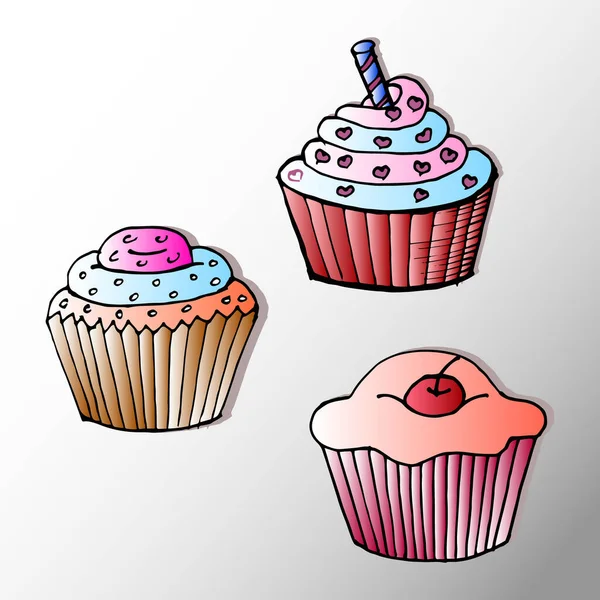 イラスト ポストカード 描かれた輪郭の色のカップケーキ 食品産業のための — ストックベクタ