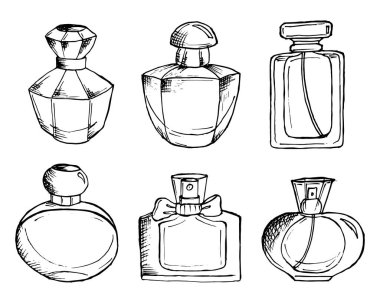 Resim, ikonlar, çizilmiş parfüm şişeleri, güzellik endüstrisi için.