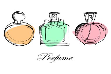 Resim, ikonlar, renkli parfüm şişeleri, güzellik endüstrisi için.