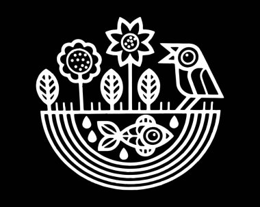 İllüstrasyon, siyah ve beyaz doğa logosu, kuş, balık ve çiçekler, ekoloji