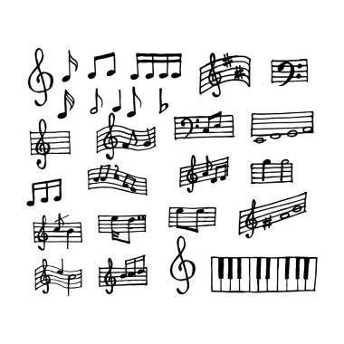 Müzik endüstrisi için çizimler, çizimler, notalar ve tabelalar.