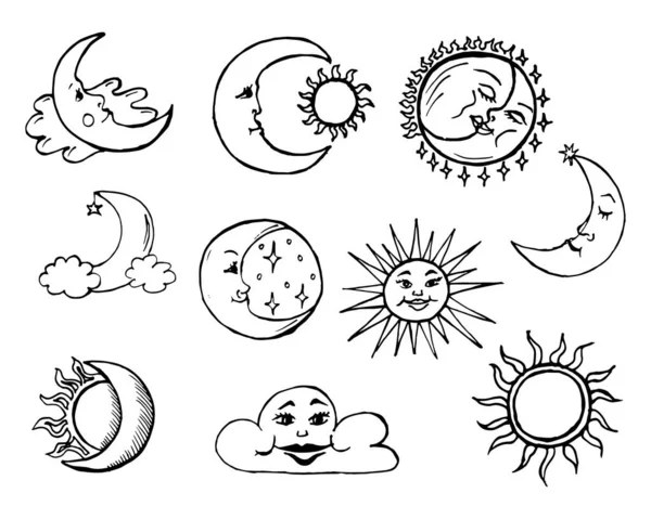 Illust Postal Conjunto Contorno Luna Sol Nubes Para Papel Pintado — Vector de stock