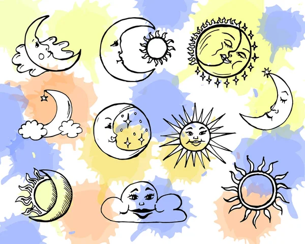 Illustration Postkarte Konturenuntergang Von Mond Sonne Und Wolken Farbiger Verschwommener — Stockvektor