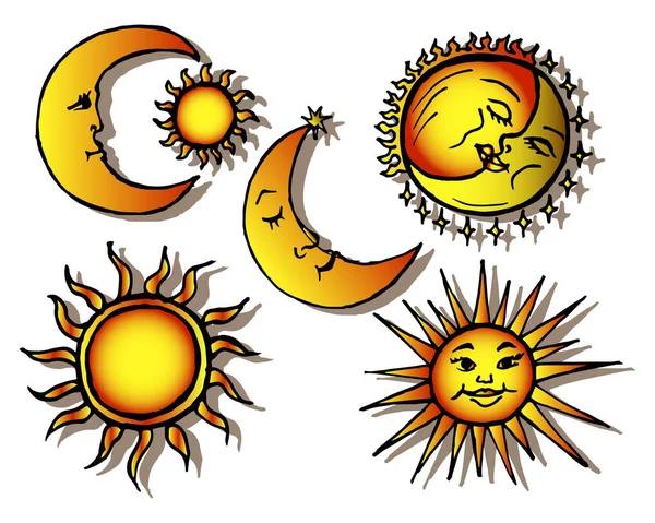 Illustrazione Cartolina Set Volumetrico Simboli Della Luna Del Sole Carta — Vettoriale Stock