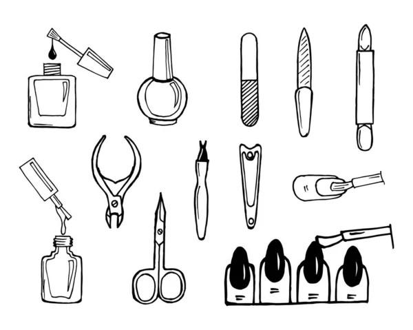 Ilustracja Zestaw Przedmiotów Manicure Pedicure Rysunek Konturu Białym Tle — Wektor stockowy