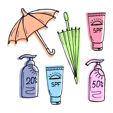 Güneş koruması, gözlükler, şemsiyeler, krema ve jel, yaz tatili için çizilmiş resimler