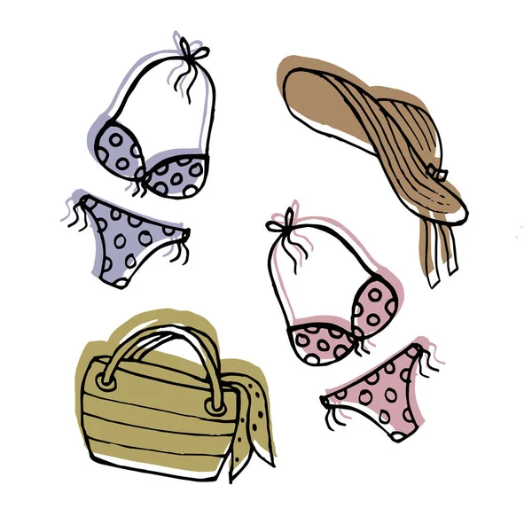 Illustrationsgezeichnetes Set Für Sommerstrand Badeanzug Hut Regenschirm Und Andere Gegenstände — Stockvektor