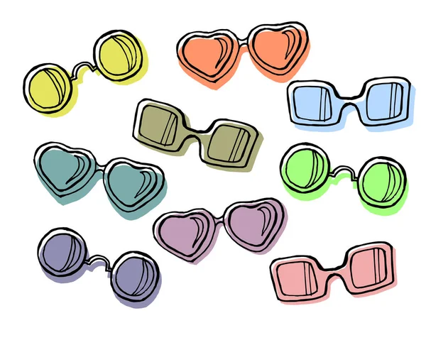 Illustrazione Set Occhiali Sole Disegnati Icone Colorate Estive — Vettoriale Stock