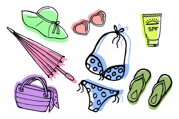 Illustrationsgezeichnetes Set Für Sommerstrand Badeanzug Hut Regenschirm Und Andere Gegenstände — Stockvektor