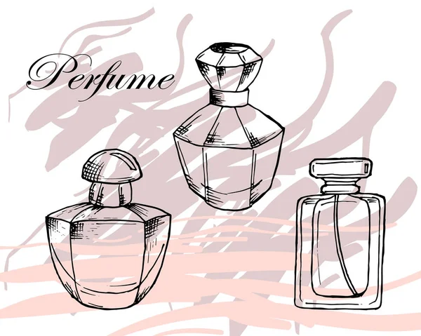 Illustrazione Set Bottiglie Profumo Disegnato Uno Sfondo Delicato Industria Della — Vettoriale Stock