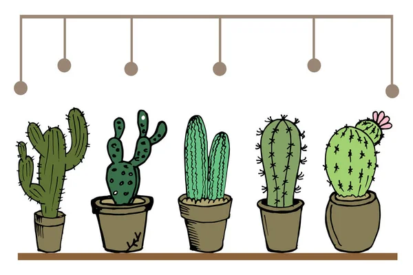 Illust Sistema Diversos Cactus Multicolores Macetas Para Textiles Papel — Vector de stock