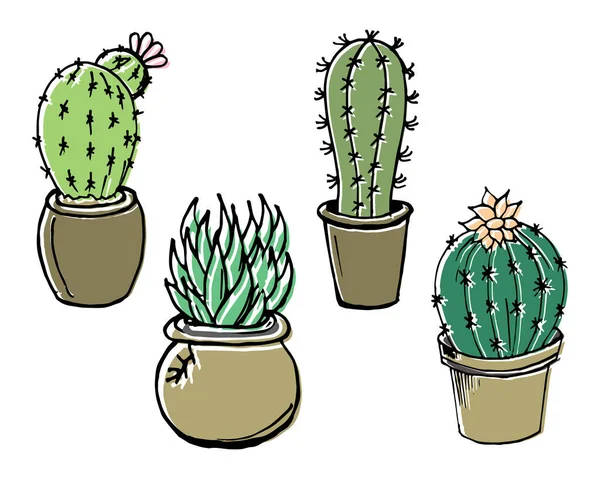 Illustratie Een Set Van Veelkleurige Verschillende Cactussen Bloempotten Voor Textiel — Stockvector