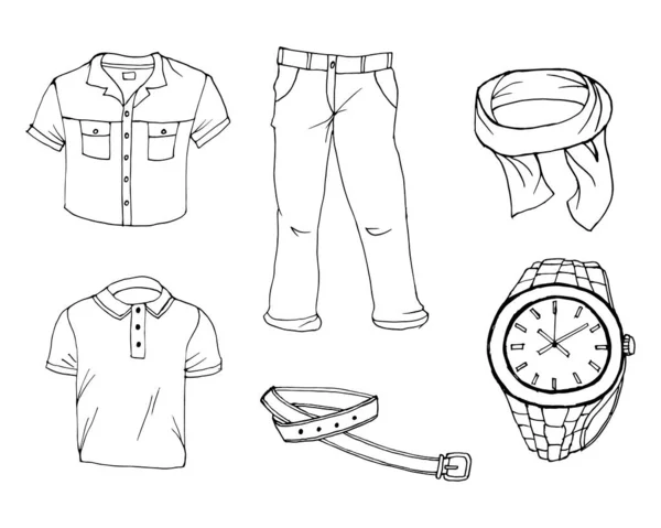 Illust Conjunto Contorno Ropa Accesorios Para Hombre Dibujado Mano Para — Vector de stock