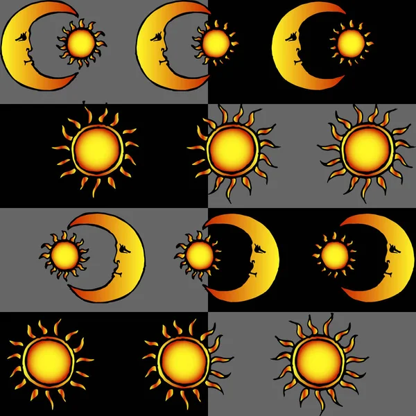 Nahtloses Muster Goldener Mond Und Sonne Auf Schwarz Grau Kariertem — Stockvektor