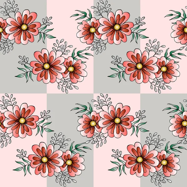 Motif Sans Couture Bouquets Fleurs Roses Sur Fond Carreaux Pour — Image vectorielle