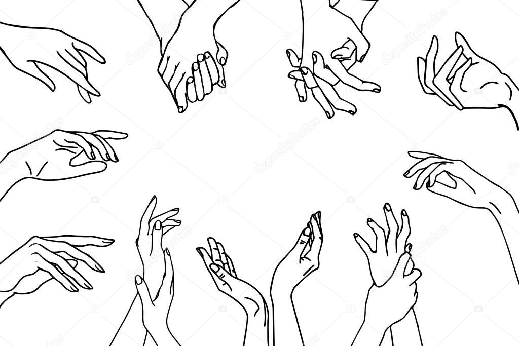 illustration, a set of contour hands of lovers who reach out to each other, for cards, posters, invitations, banners