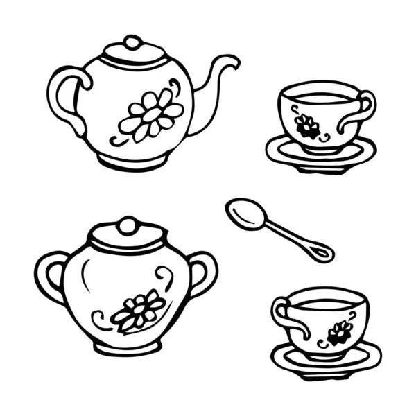 Illust Conjunto Utensilios Dibujados Tetera Tazas Platillos Cucharas Para Carteles — Archivo Imágenes Vectoriales