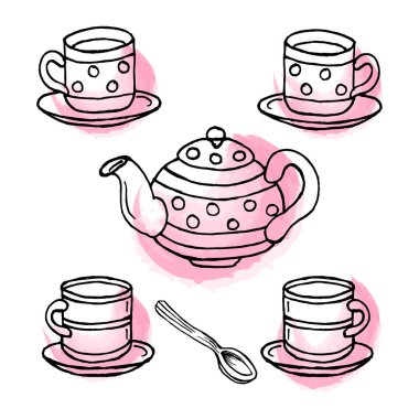 Resimler, çizilmiş çay tabakları, suluboya fırça darbeleriyle boyanmış, posterler, desenler, afişler için.