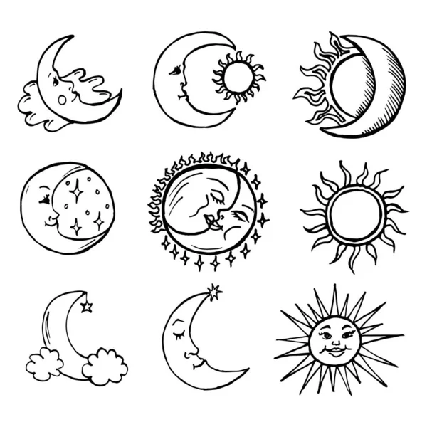 Illust Conjunto Astrológico Contornos Dibujados Luna Sol Estrellas Para Carteles — Vector de stock