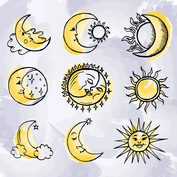 Illustration Astrologischer Satz Von Gezeichnetem Mond Sonne Sternen Gemalt Mit — Stockvektor