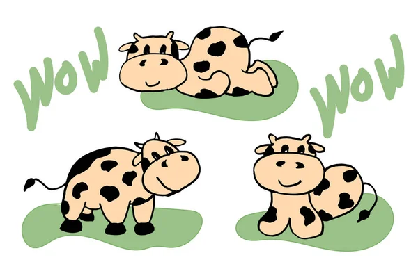 Illust Set Getrokken Grappige Koeien Groen Gras Pastelkleuren Ontwerp Voor — Stockvector