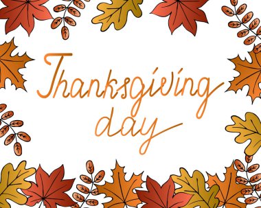 İllüstrasyon, turuncu gölgeli yaprakların sonbahar arka planı ve Şükran Günü yazıları, afişler, afişler, kartlar için.